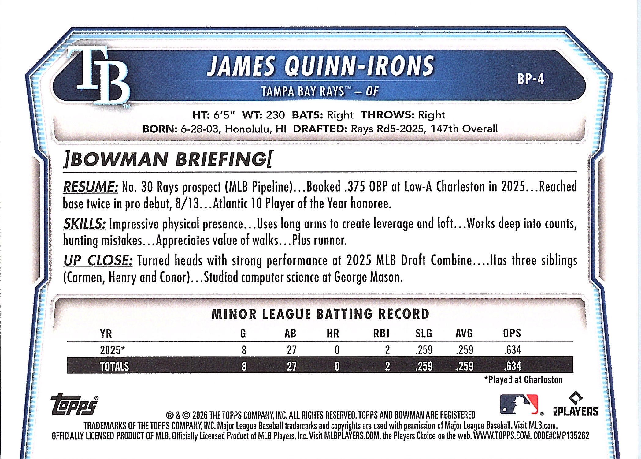 2026 Bowman James Quinn-Irons #BP-4 Prospects Tampa Bay Rays Near Mint or Better