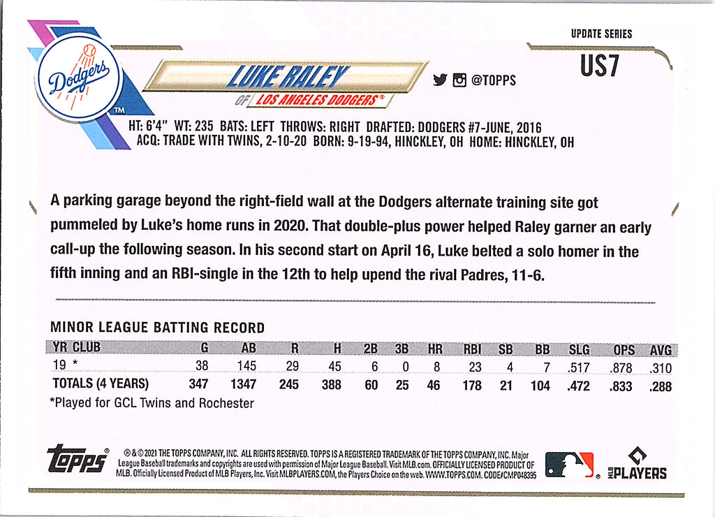 2021 Topps Update Luke Raley #US7 Los Angeles Dodgers Near Mint or Better