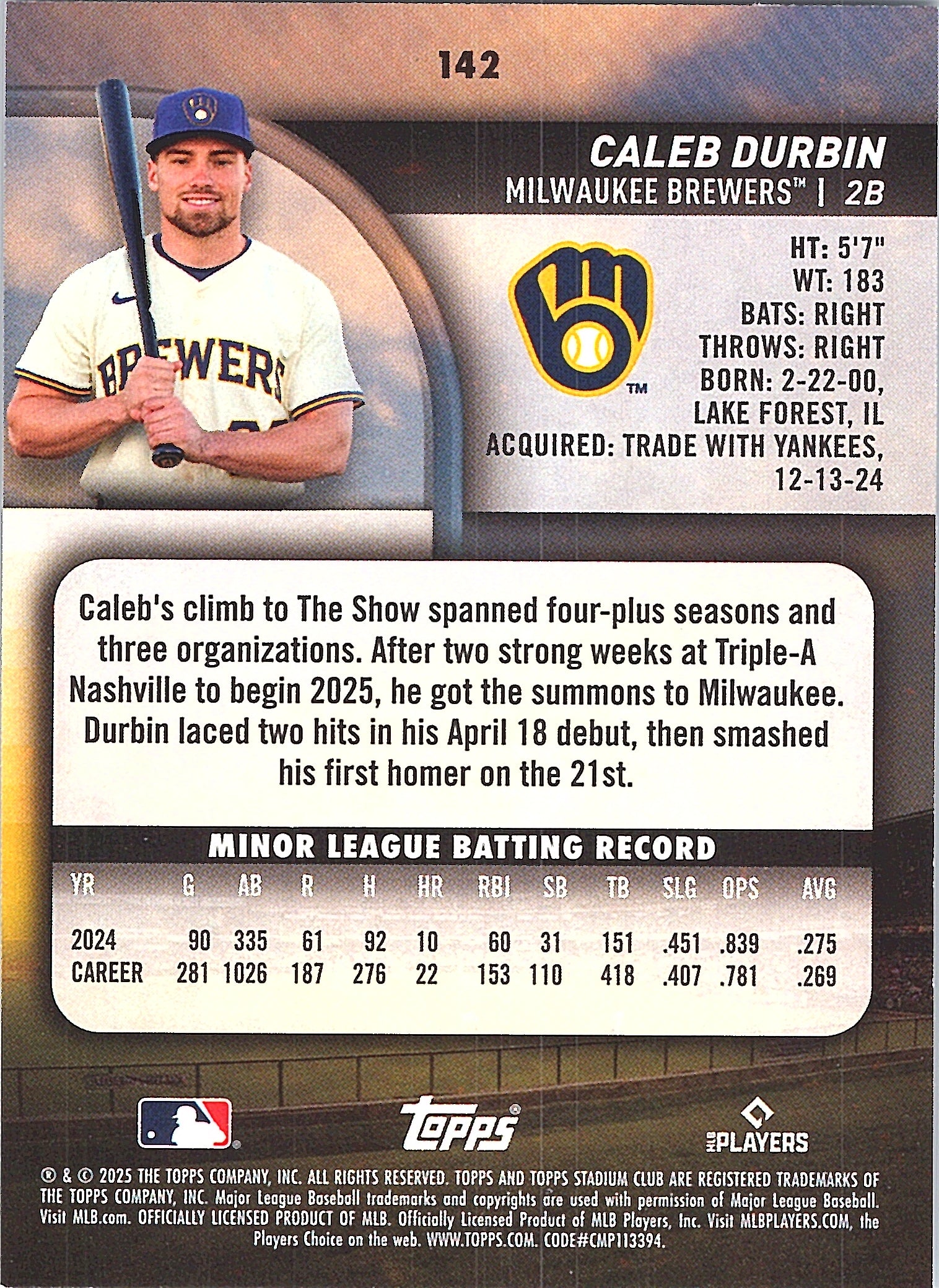 2025 Stadium Club Caleb Durbin #142 Milwaukee Brewers Near Mint or Better