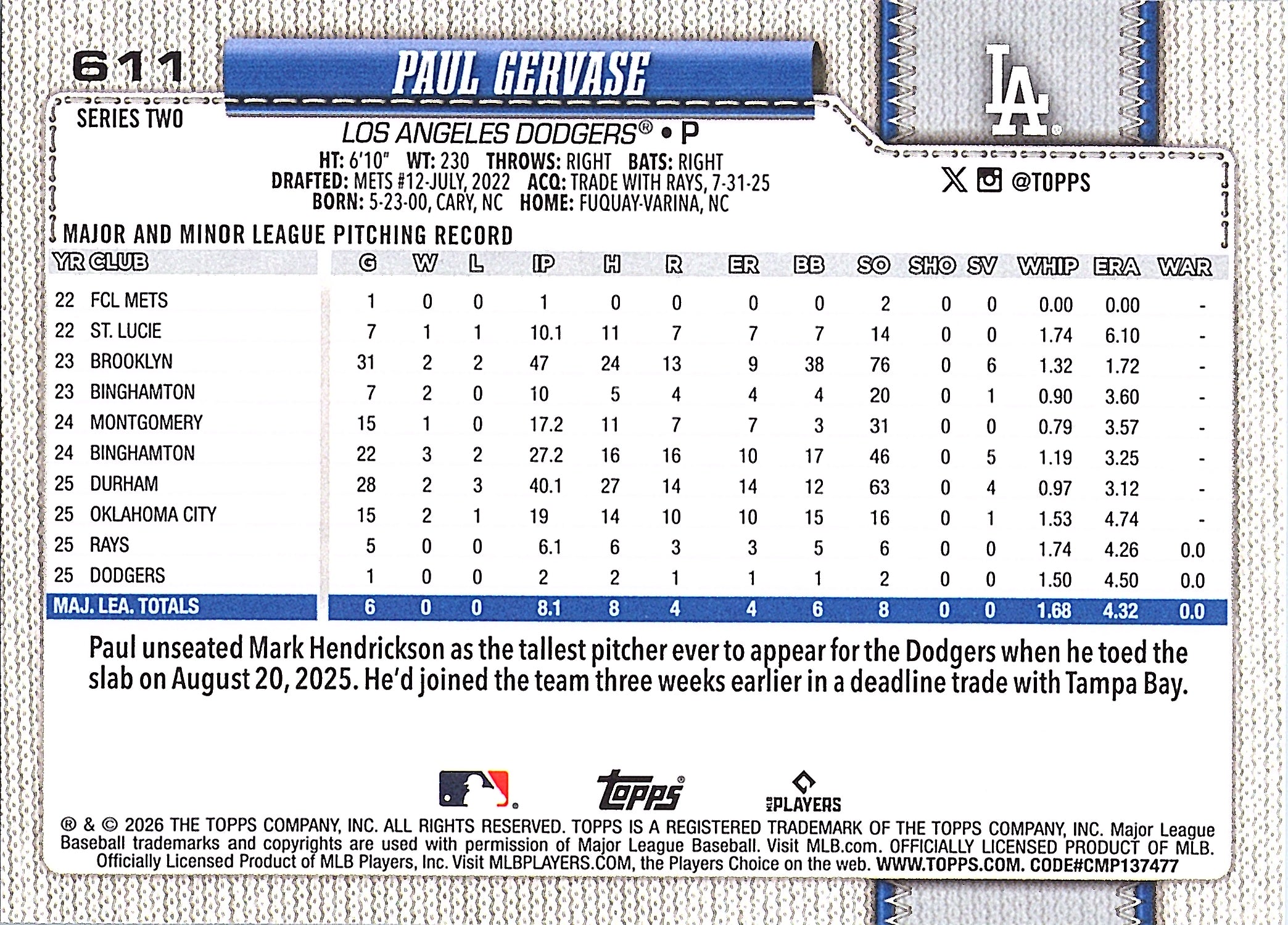 2026 Topps Paul Gervase #611 Los Angeles Dodgers Near Mint or Better