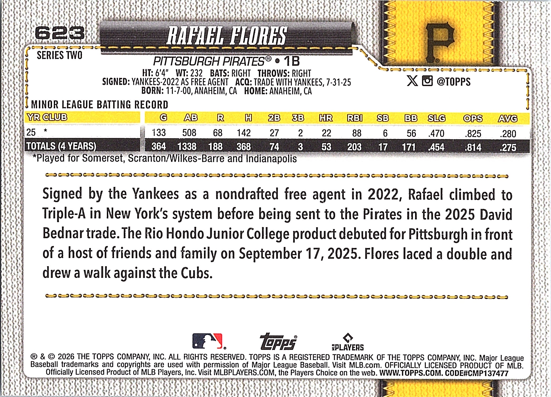 2026 Topps Rafael Flores #623 Pittsburgh Pirates Near Mint or Better