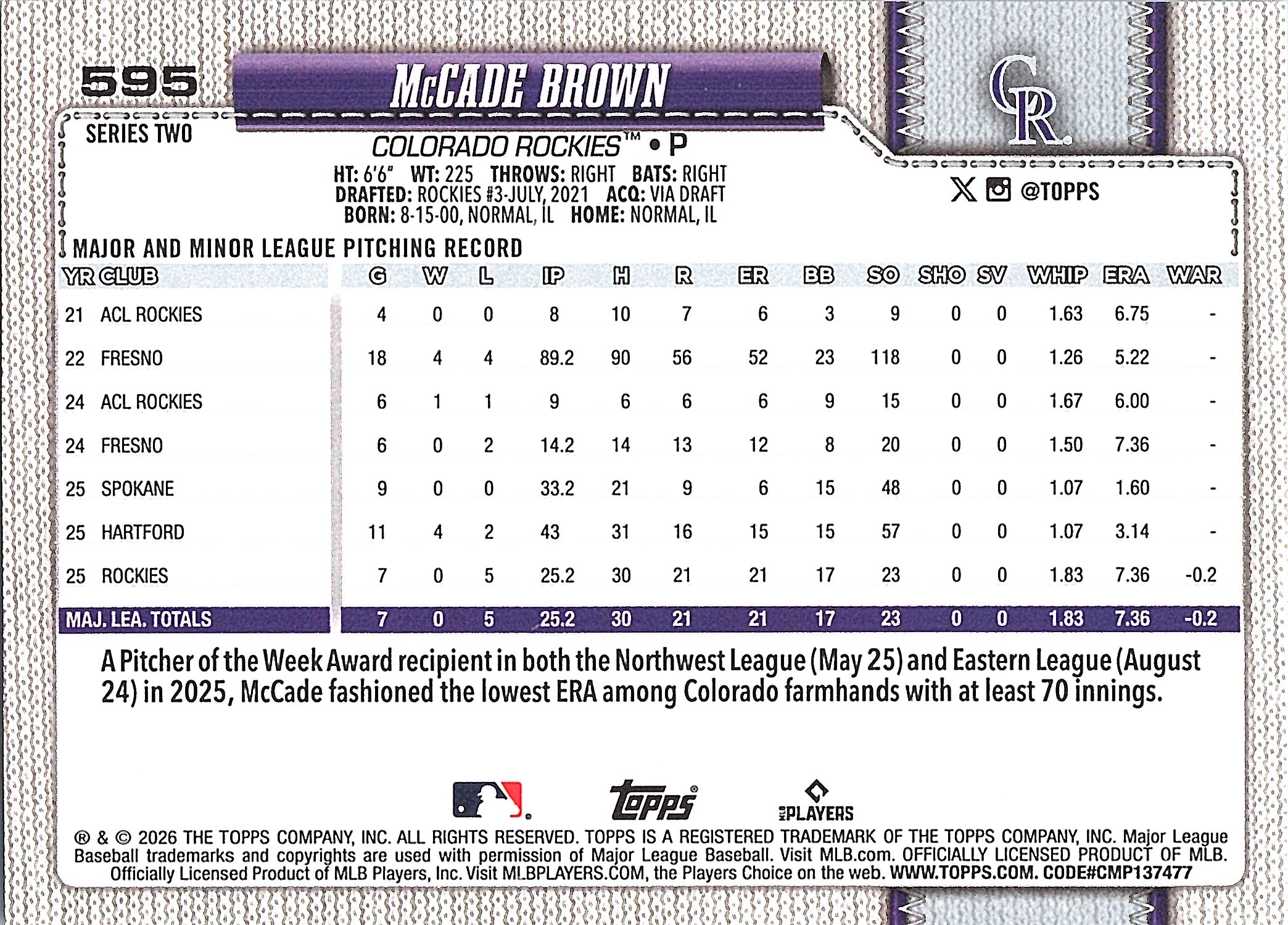 2026 Topps McCade Brown #595 Colorado Rockies Near Mint or Better
