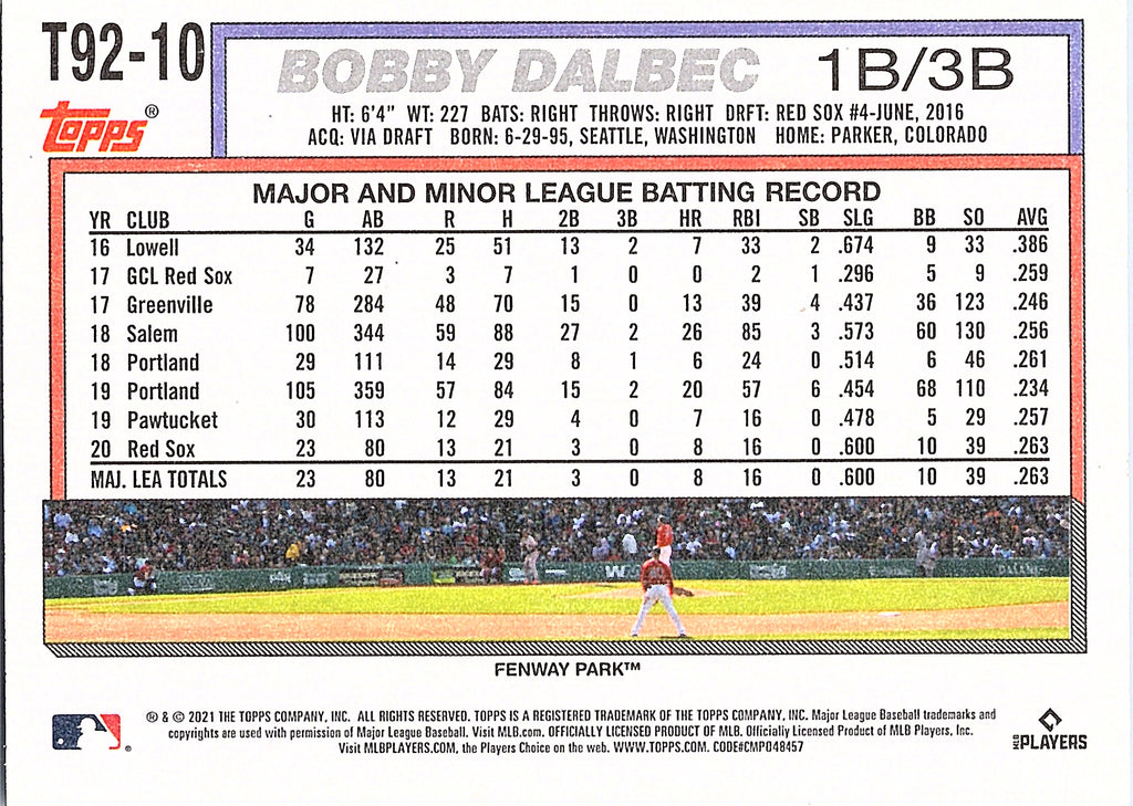 2021 Topps Update Bobby Dalbec #T92-10 1992 Topps Redux Boston Red Sox Near Mint