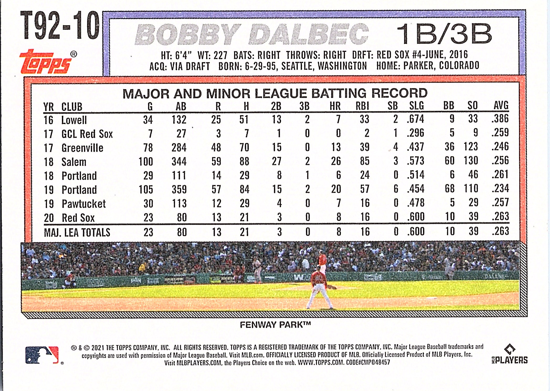 2021 Topps Update Bobby Dalbec #T92-10 1992 Topps Redux Boston Red Sox Near Mint