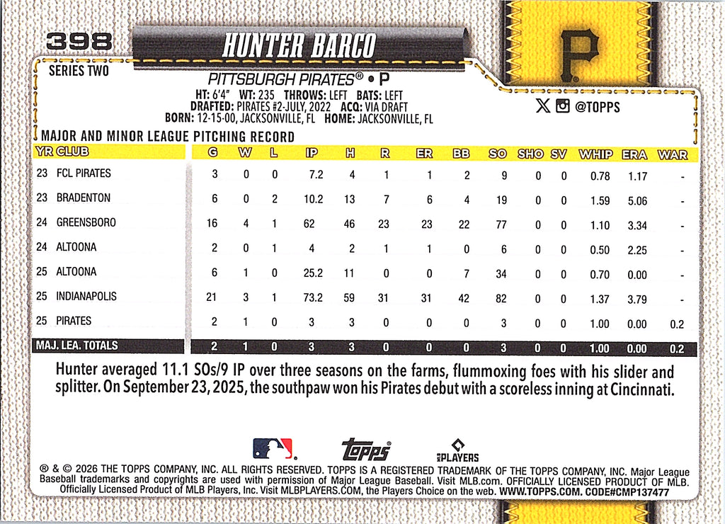 2026 Topps Hunter Barco #398 Pittsburgh Pirates Near Mint or Better