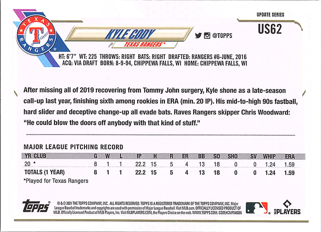 2021 Topps Update Kyle Cody #US62 Texas Rangers Near Mint or Better