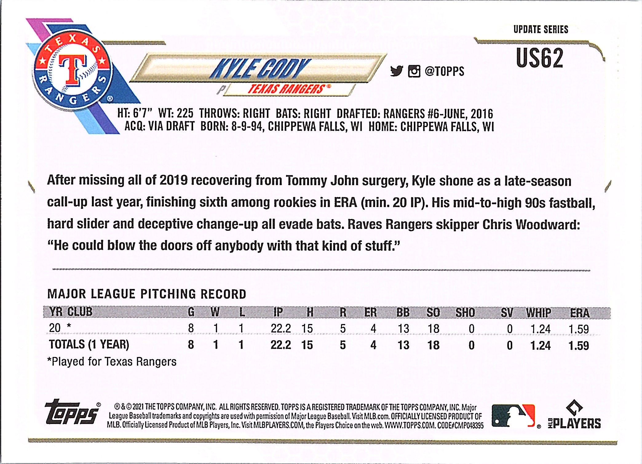 2021 Topps Update Kyle Cody #US62 Texas Rangers Near Mint or Better