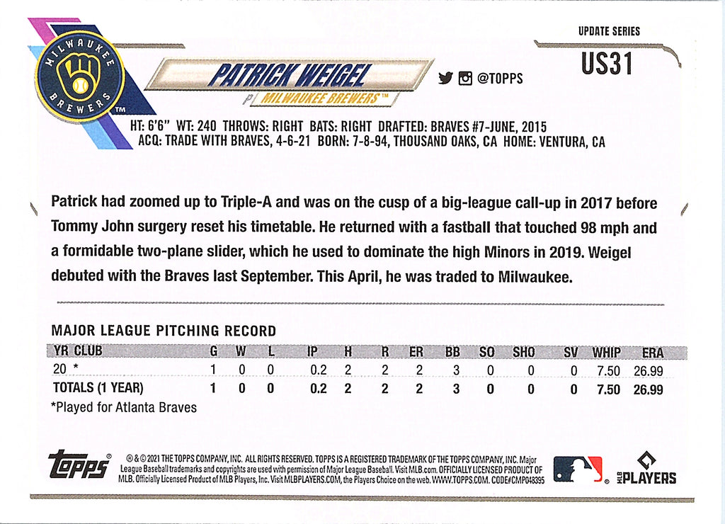 2021 Topps Update Patrick Weigel #US31 Milwaukee Brewers Near Mint or Better