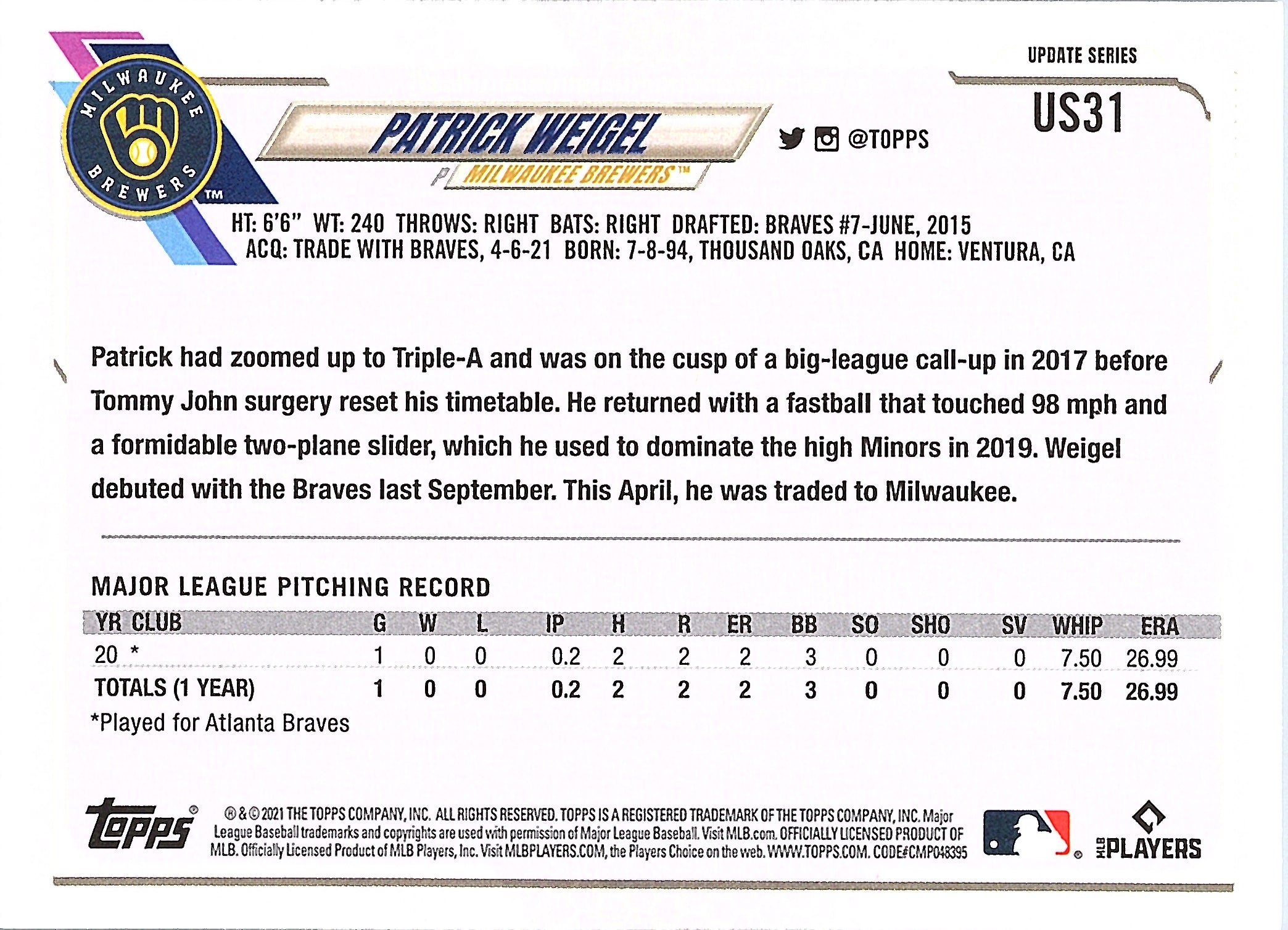 2021 Topps Update Patrick Weigel #US31 Milwaukee Brewers Near Mint or Better