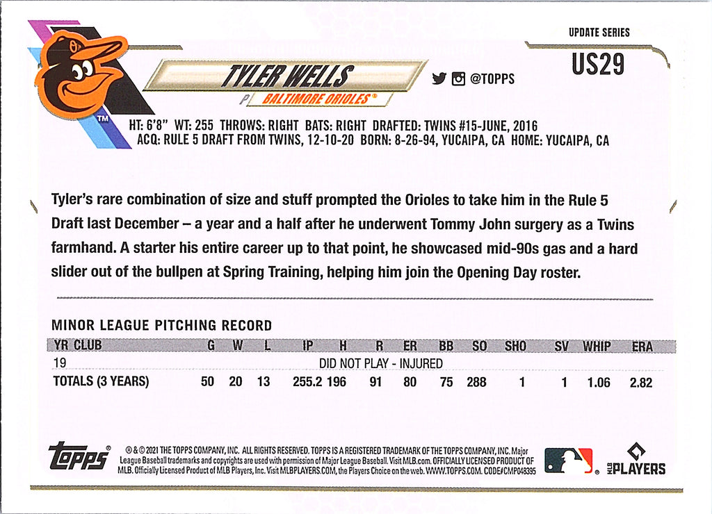 2021 Topps Update Tyler Wells #US29 Baltimore Orioles Near Mint or Better