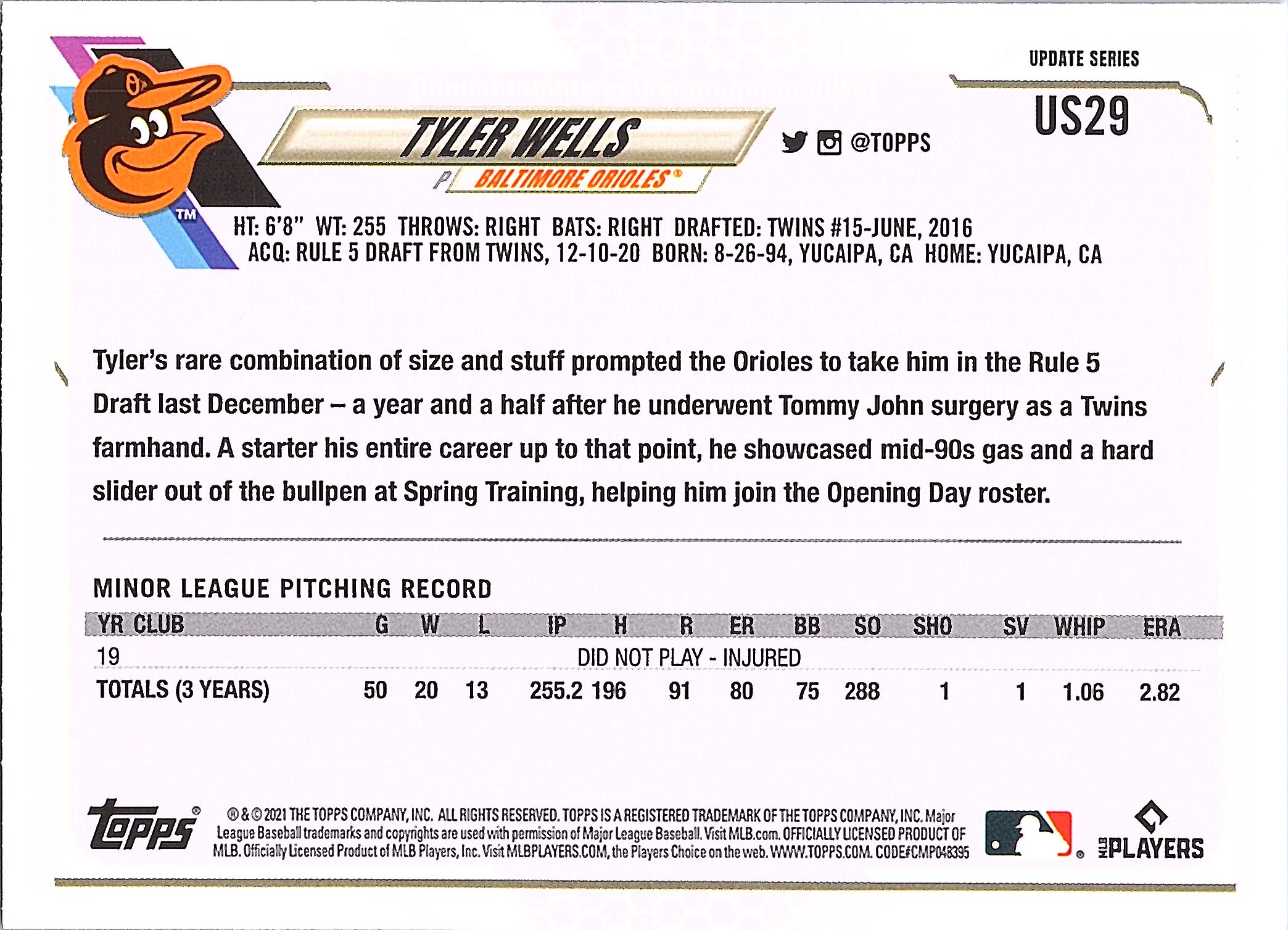 2021 Topps Update Tyler Wells #US29 Baltimore Orioles Near Mint or Better