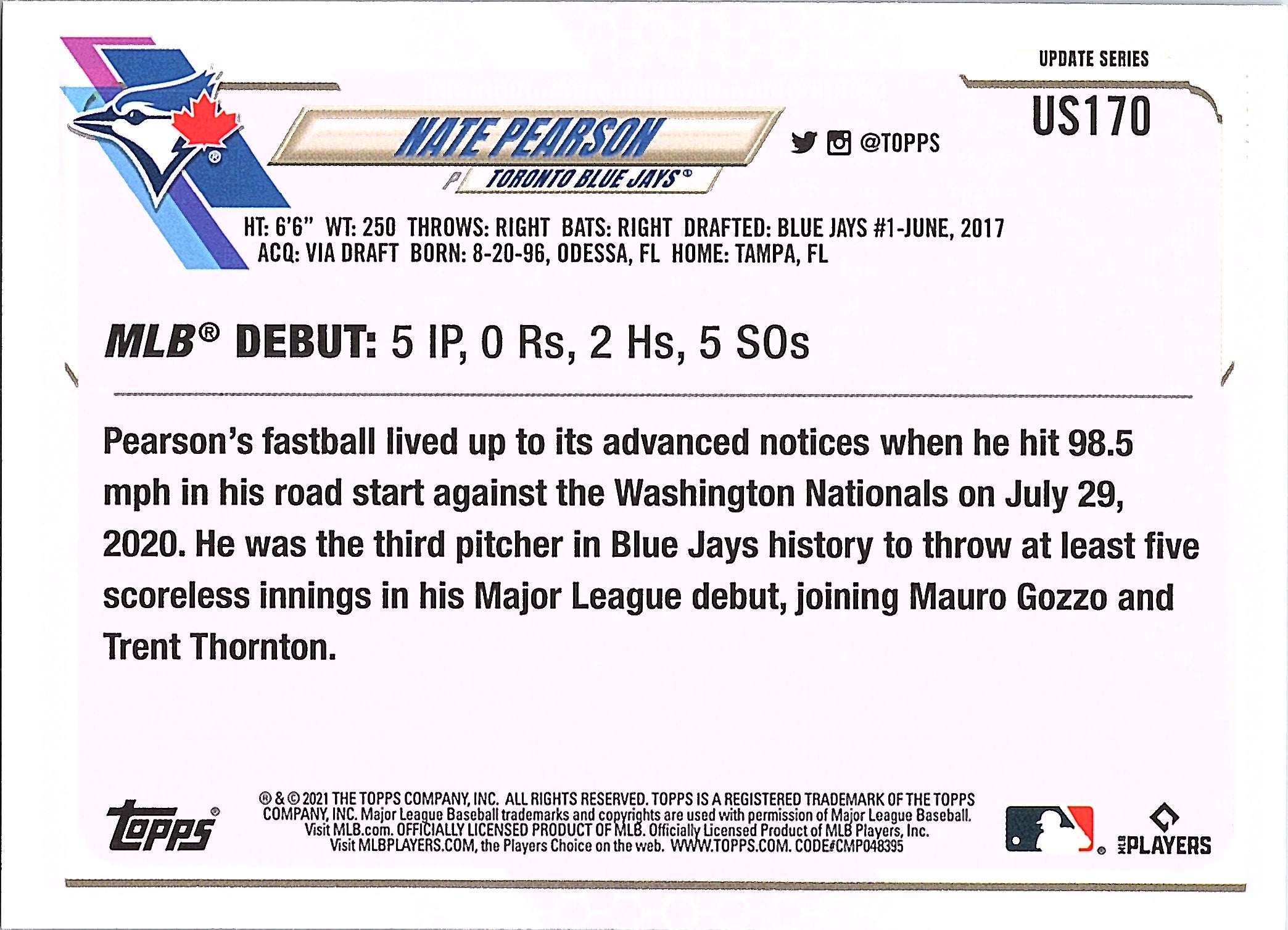 2021 Topps Update Nate Pearson #US170 Toronto Blue Jays Near Mint or Better