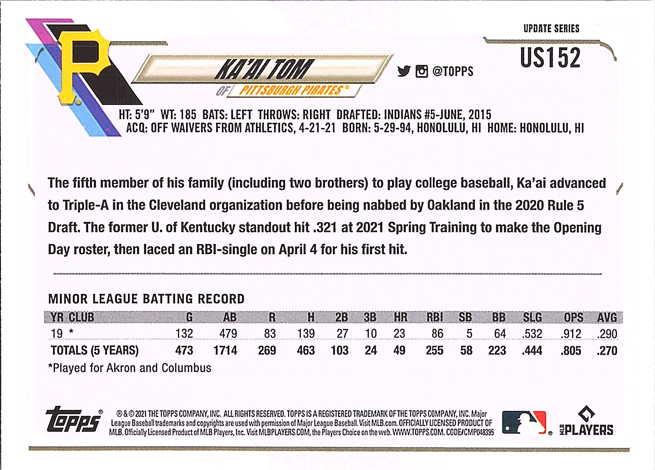 2021 Topps Update Ka'ai Tom #US152 Pittsburgh Pirates Near Mint or Better