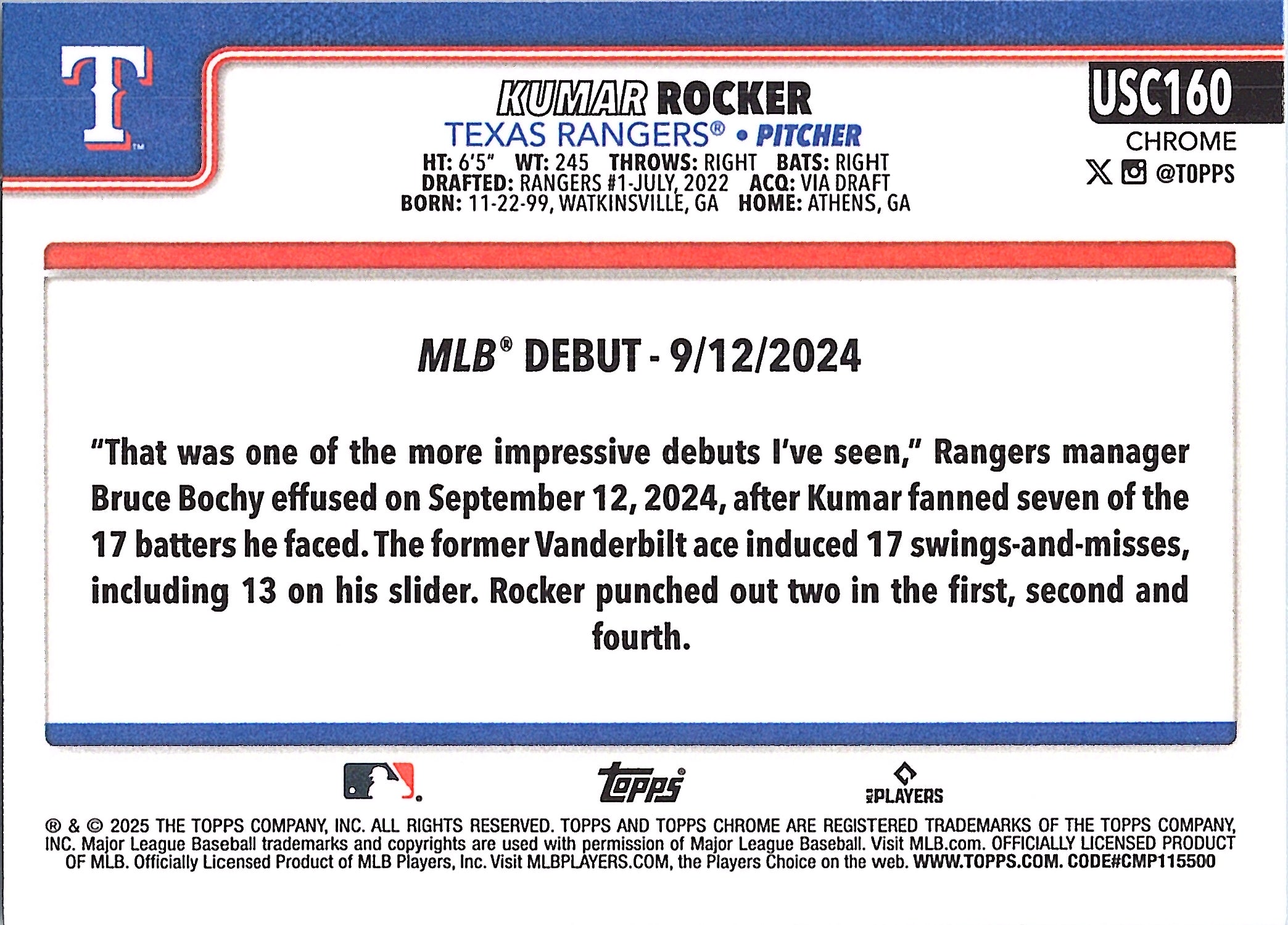 2025 Topps Chrome Update Kumar Rocker #USC160 Texas Rangers Near Mint or Better