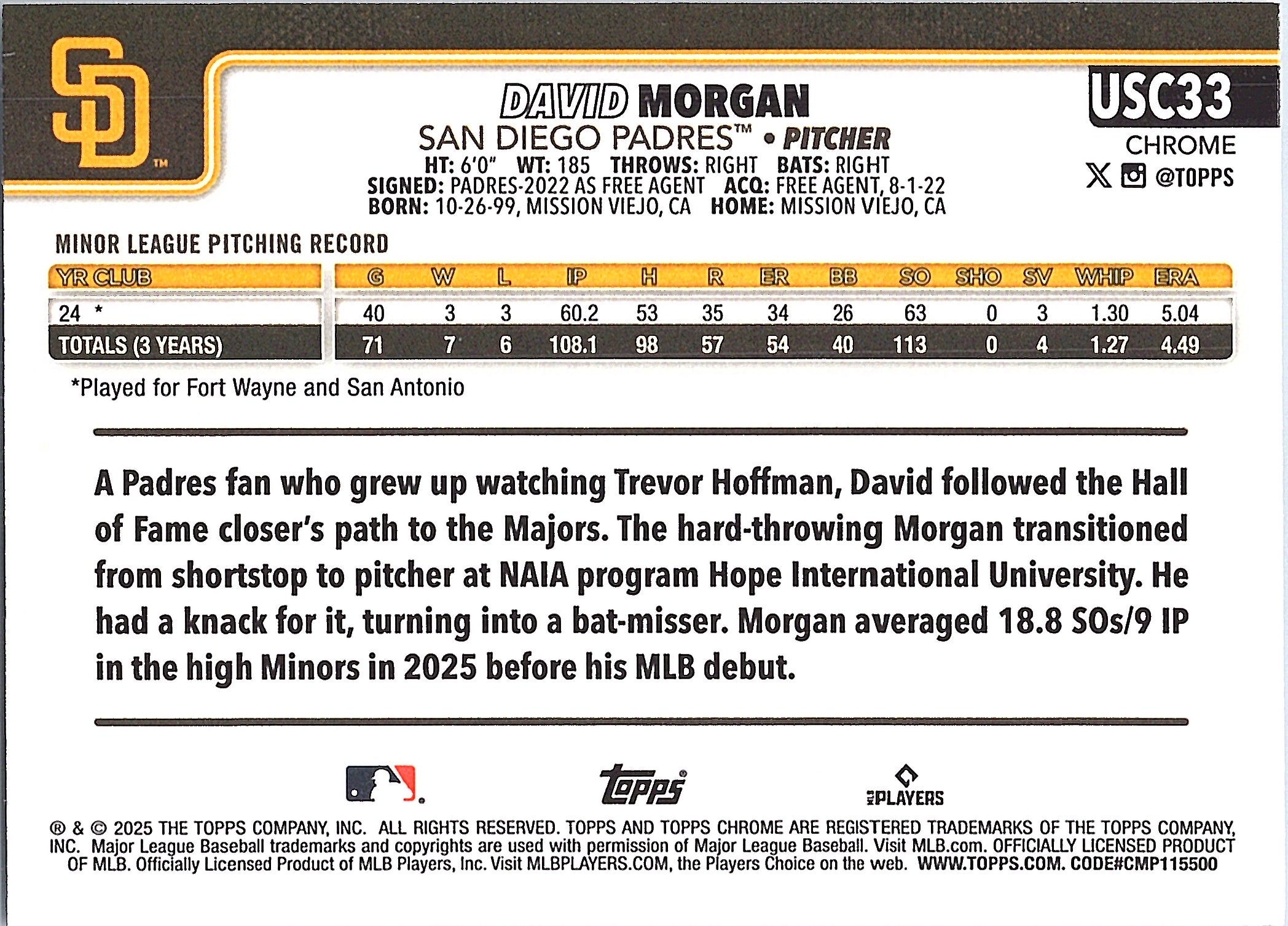 2025 Topps Chrome Update David Morgan #USC33 San Diego Padres NM