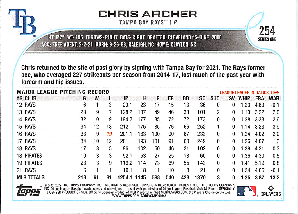 2022 Topps Chris Archer  #254 All-Star Game Stamped Tampa Bay Rays Near Mint