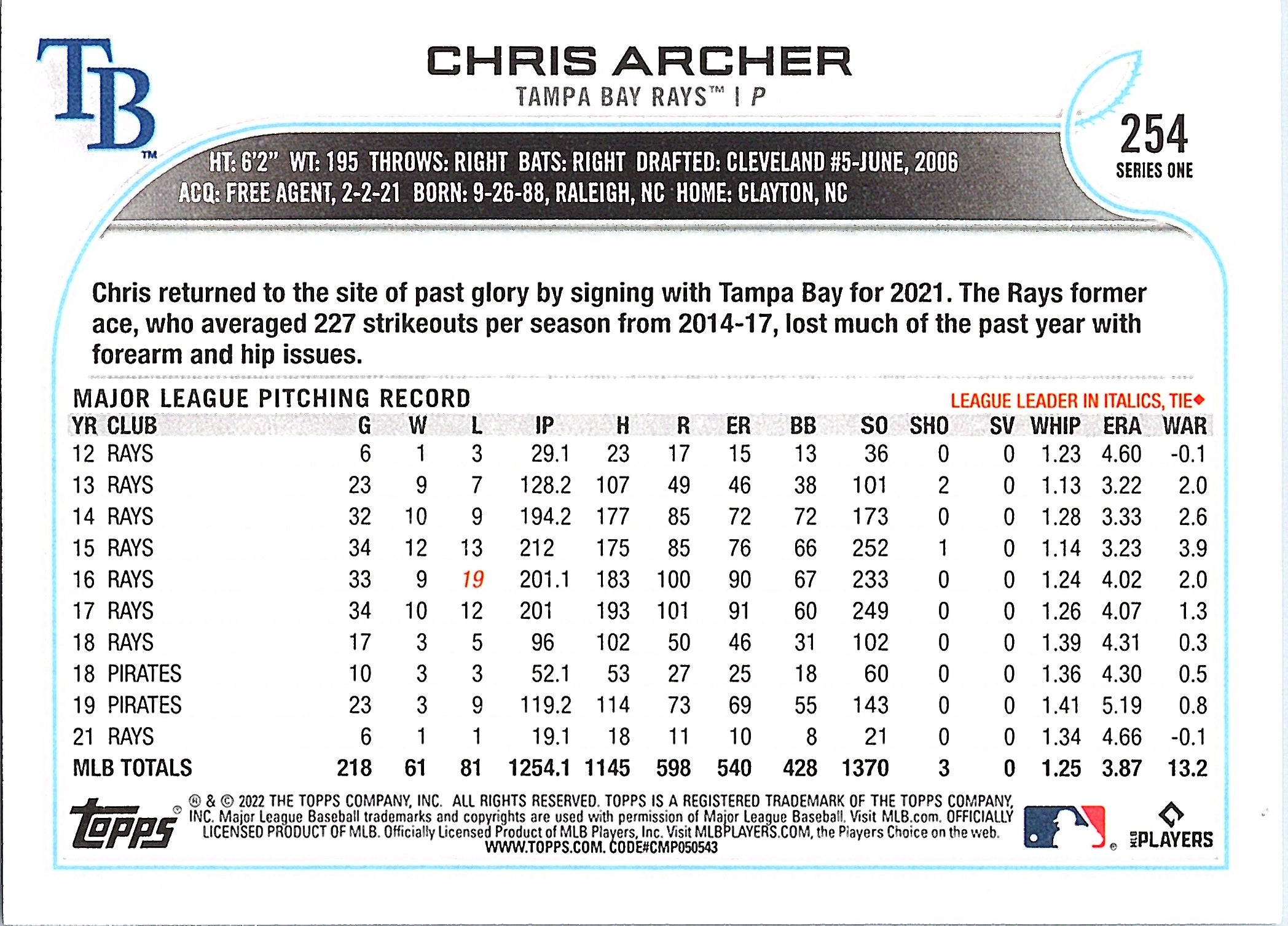 2022 Topps Chris Archer  #254 All-Star Game Stamped Tampa Bay Rays Near Mint