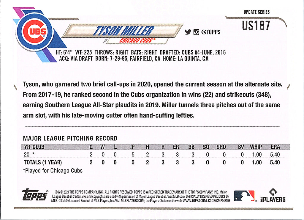 2021 Topps Update Tyson Miller #US187 Chicago Cubs Near Mint or Better