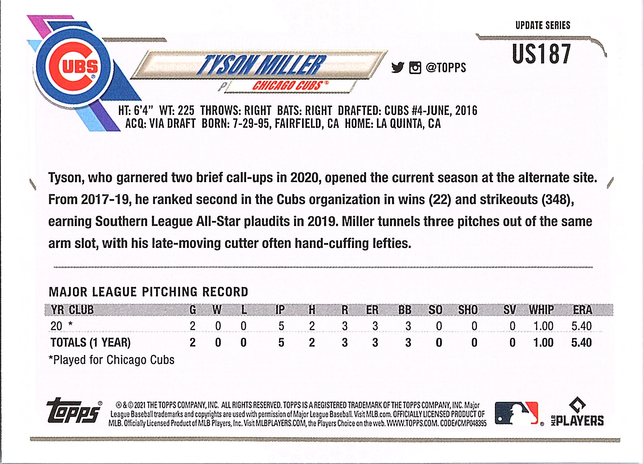 2021 Topps Update Tyson Miller #US187 Chicago Cubs Near Mint or Better