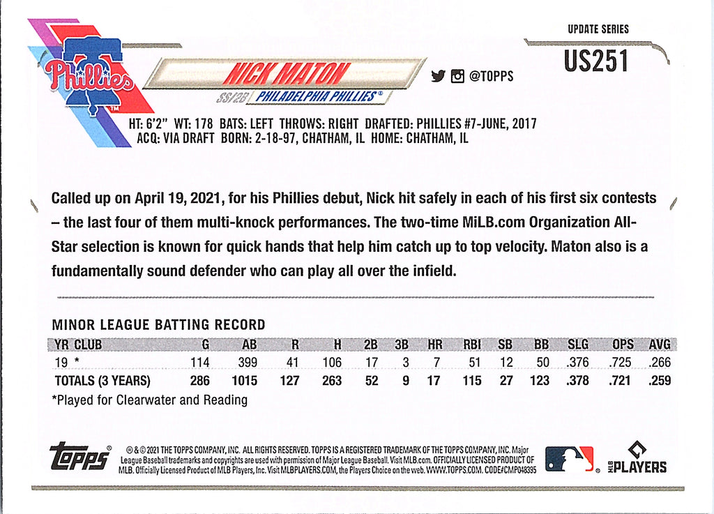 2021 Topps Update Nick Maton #US251 Philadelphia Phillies Near Mint or Better