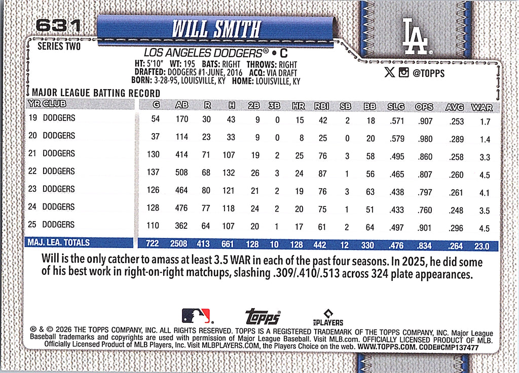 2026 Topps Will Smith #631 Los Angeles Dodgers Near Mint or Better