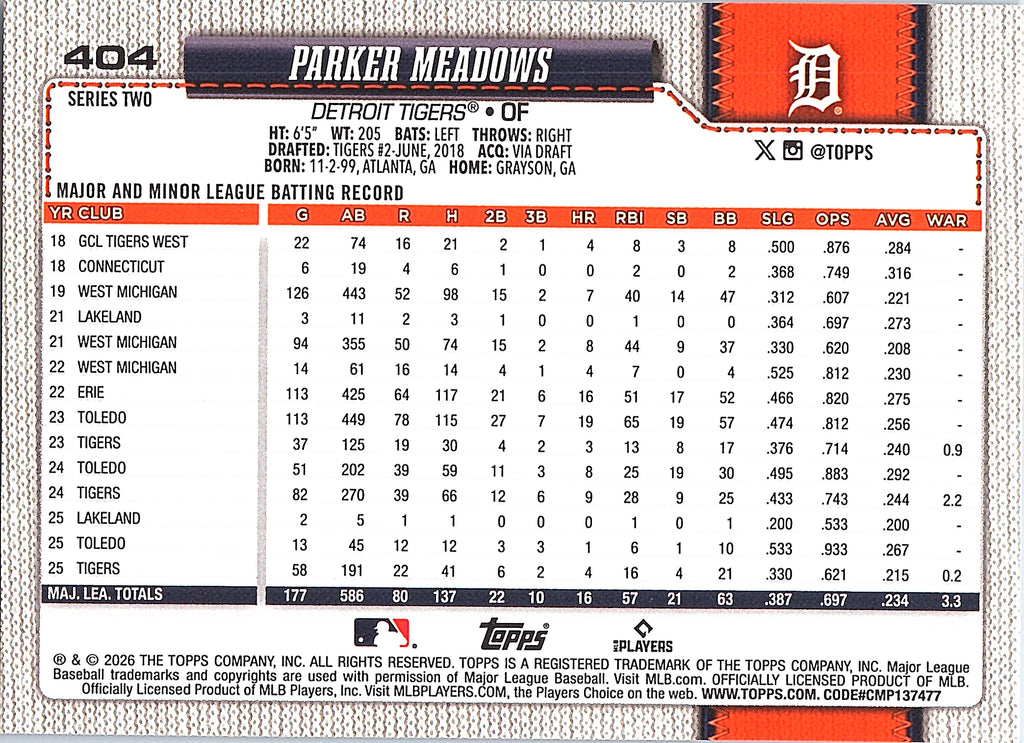 2026 Topps Parker Meadows #404 Detroit Tigers Near Mint or Better