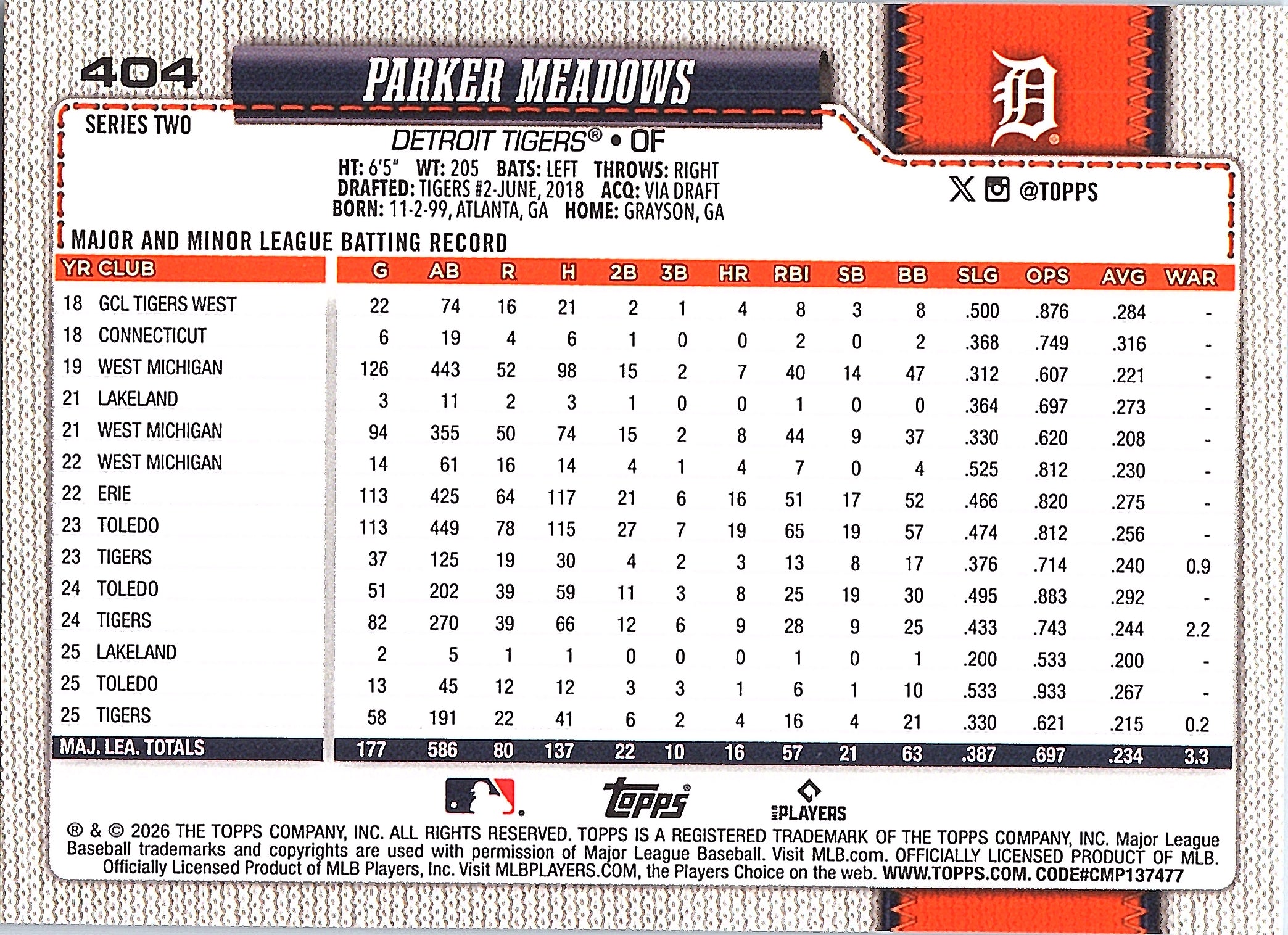 2026 Topps Parker Meadows #404 Detroit Tigers Near Mint or Better