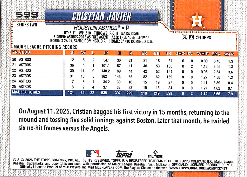 2026 Topps Cristian Javier #599 Houston Astros Near Mint or Better
