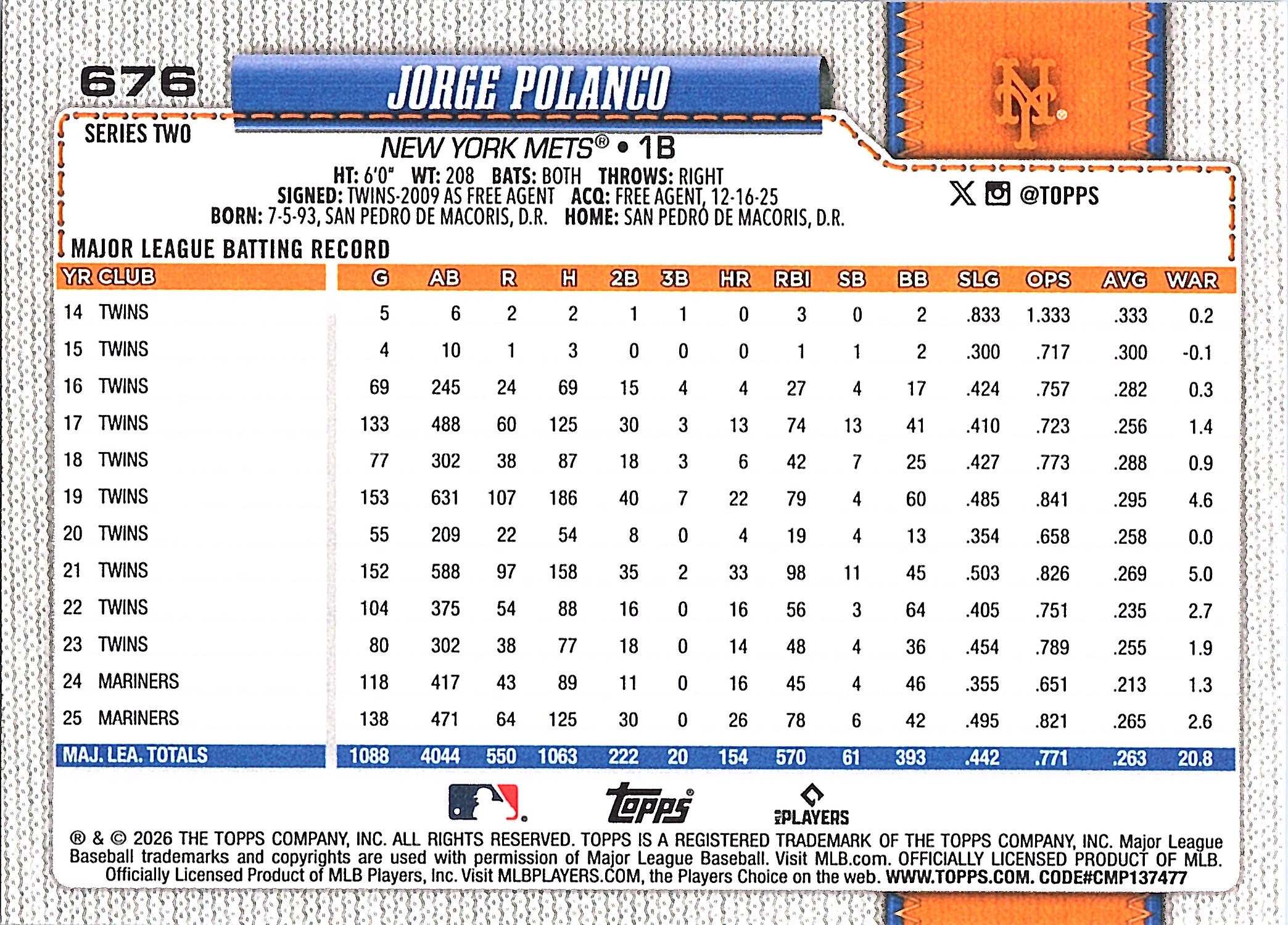 2026 Topps Jorge Polanco #676 New York Mets Near Mint or Better