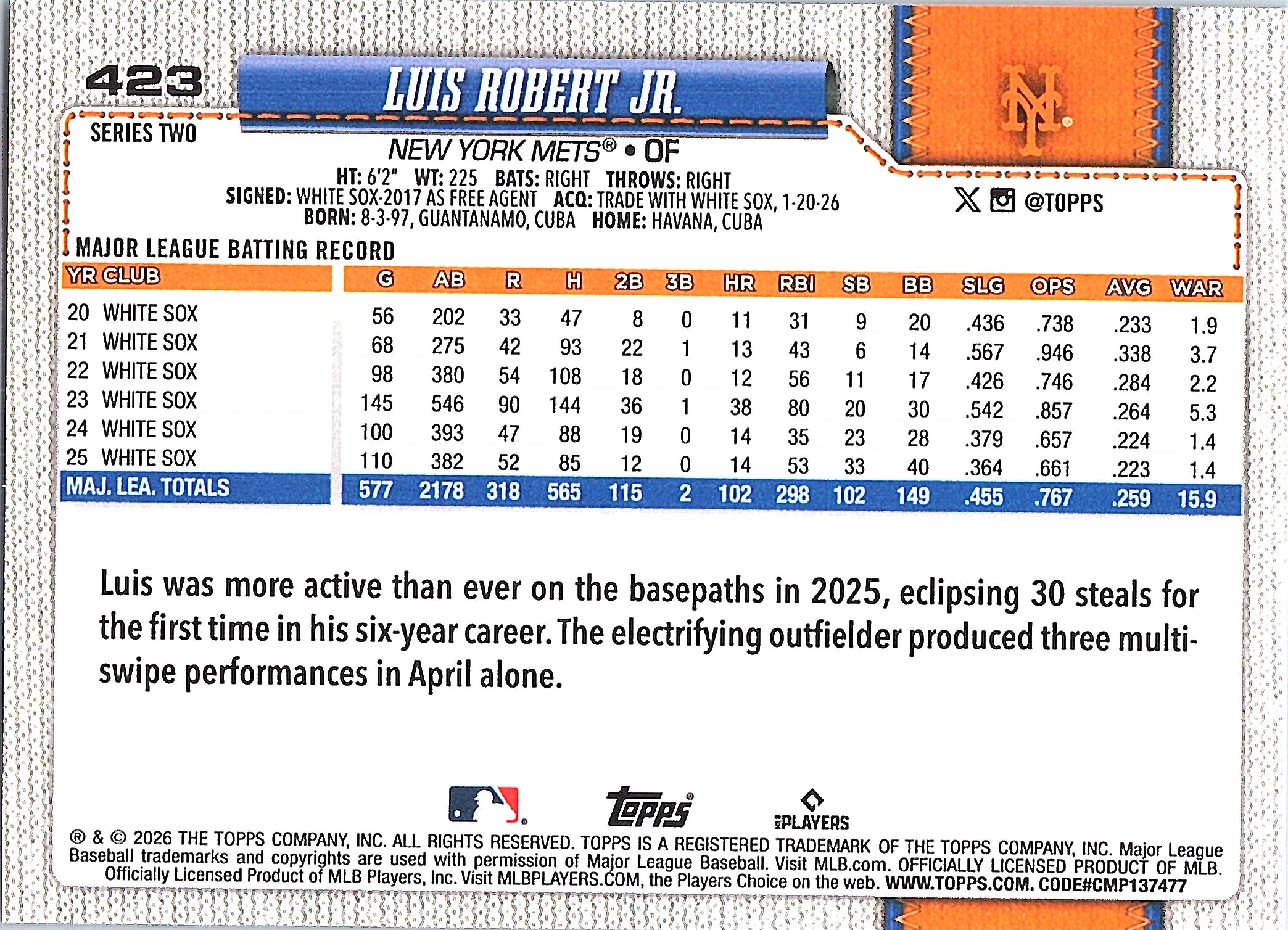 2026 Topps Luis Robert Jr. #423 New York Mets Near Mint or Better