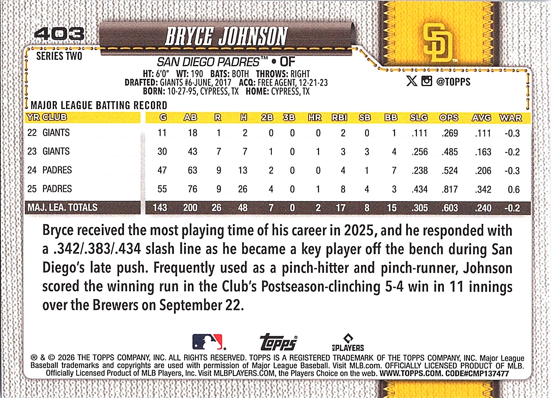 2026 Topps Bryce Johnson #403 San Diego Padres Near Mint or Better