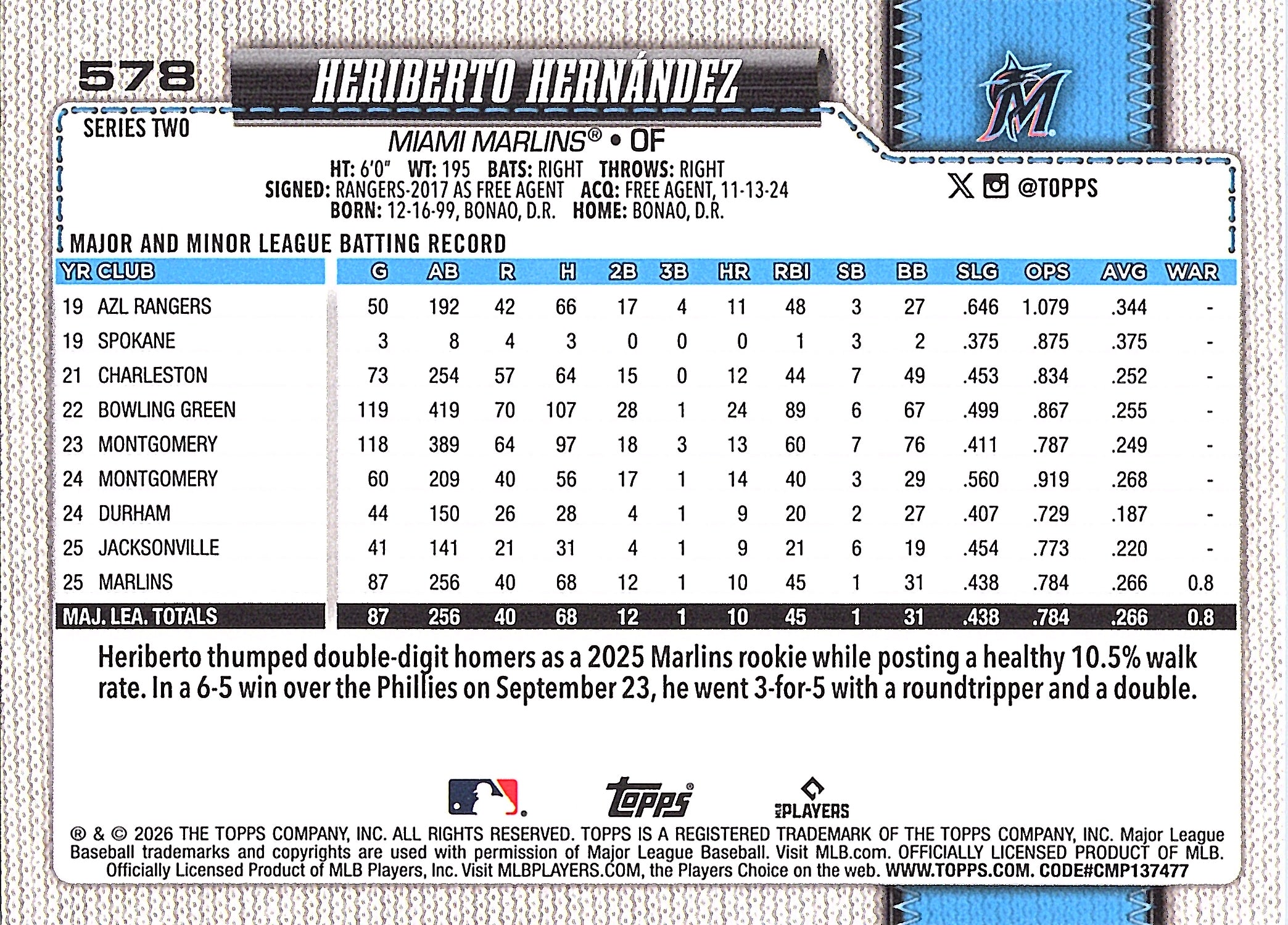 2026 Topps Heriberto Hernández #578 Miami Marlins Near Mint or Better