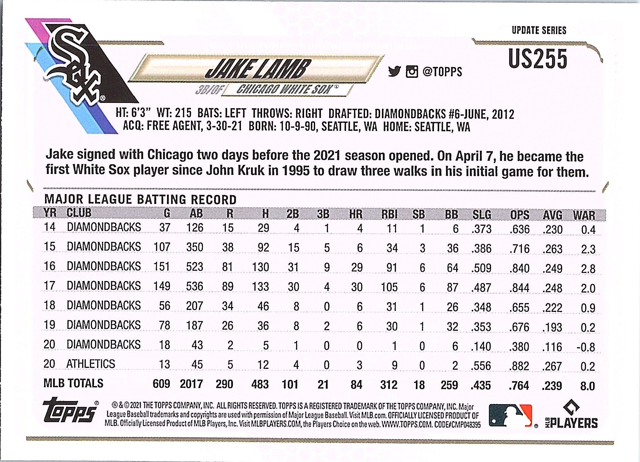 2021 Topps Update Jake Lamb #US255 Chicago White Sox Near Mint or Better