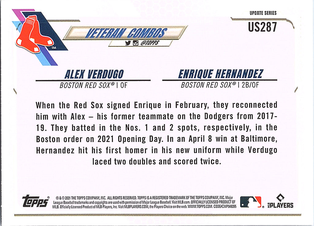 2021 Topps Update Alex Verdugo / Enrique Hernandez #US287 Boston Red Sox NM