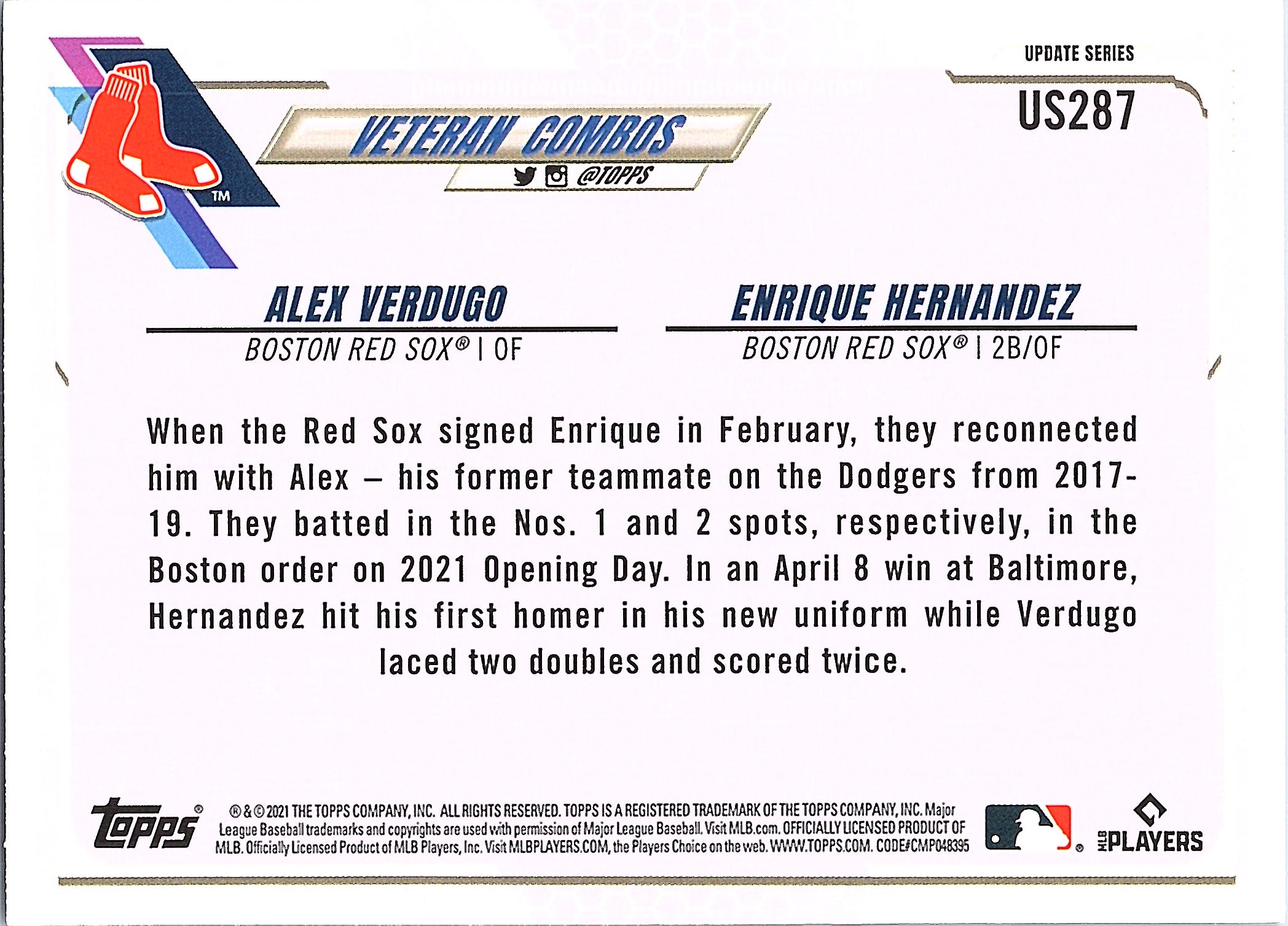 2021 Topps Update Alex Verdugo / Enrique Hernandez #US287 Boston Red Sox NM