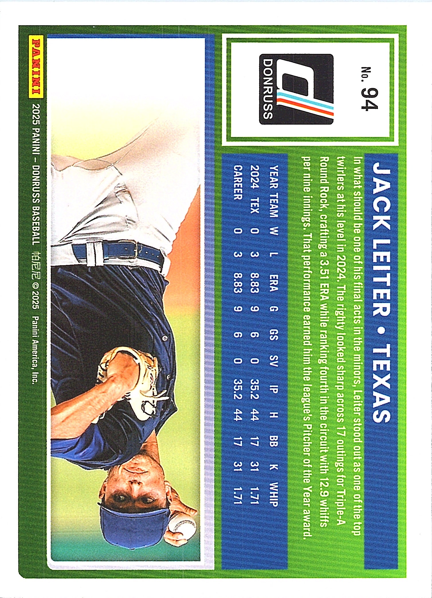 2025 Donruss Jack Leiter #94 Texas Rangers Near Mint or Better