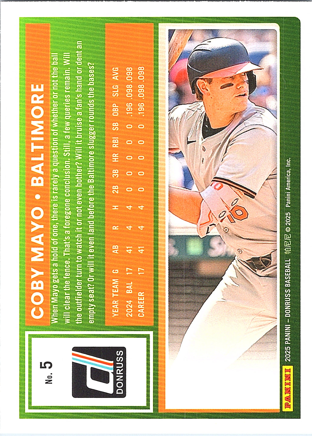 2025 Donruss Coby Mayo #5 Baltimore Orioles Near Mint or Better
