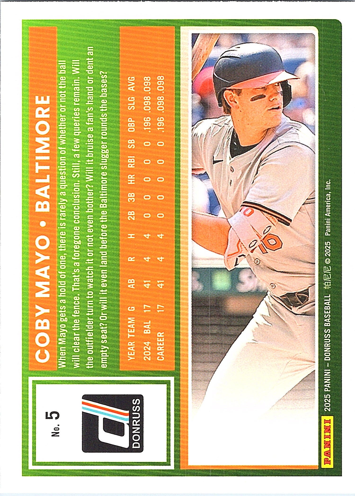 2025 Donruss Coby Mayo #5 Baltimore Orioles Near Mint or Better