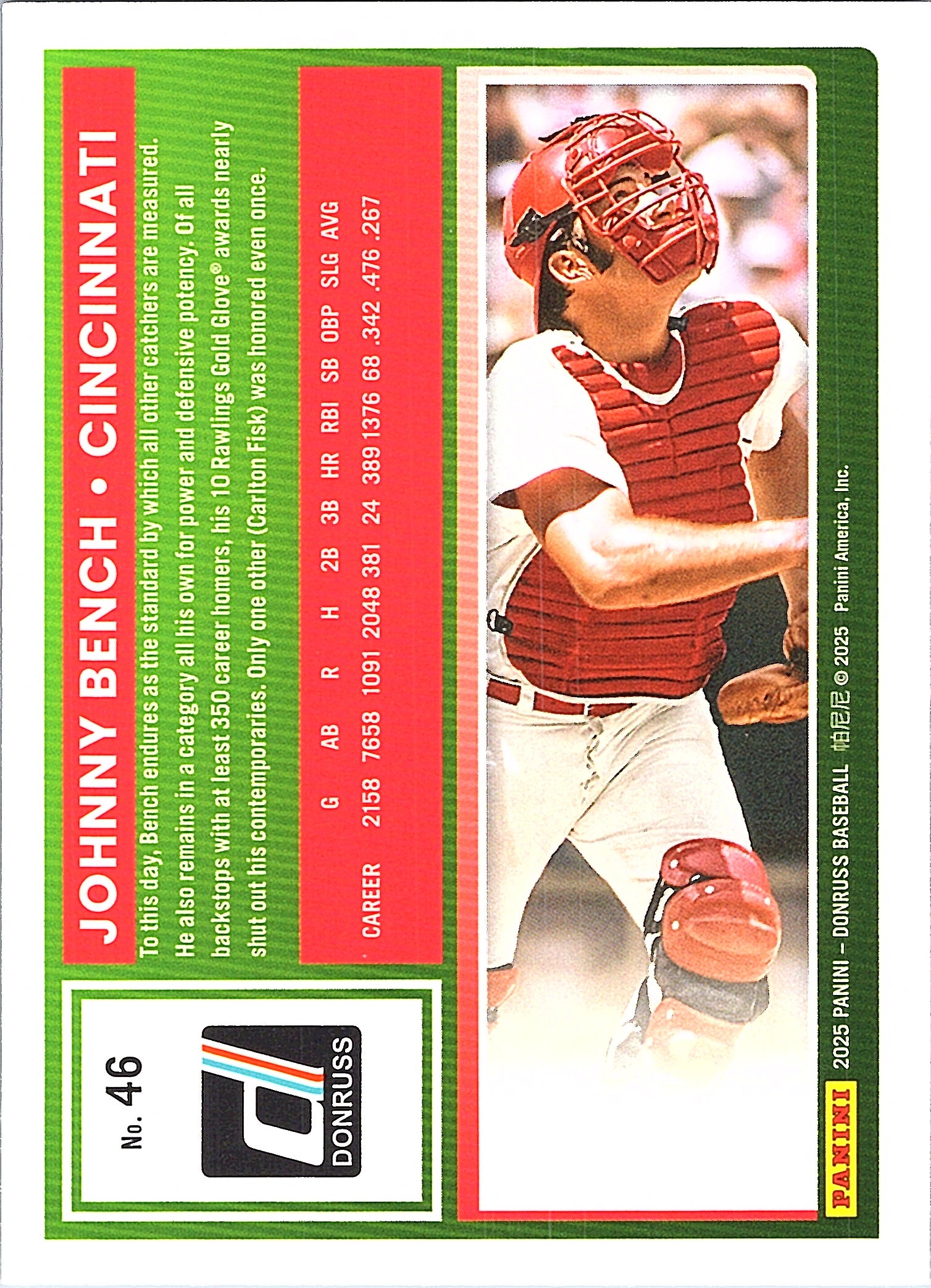 2025 Donruss Johnny Bench #46 Cincinnati Reds Near Mint or Better