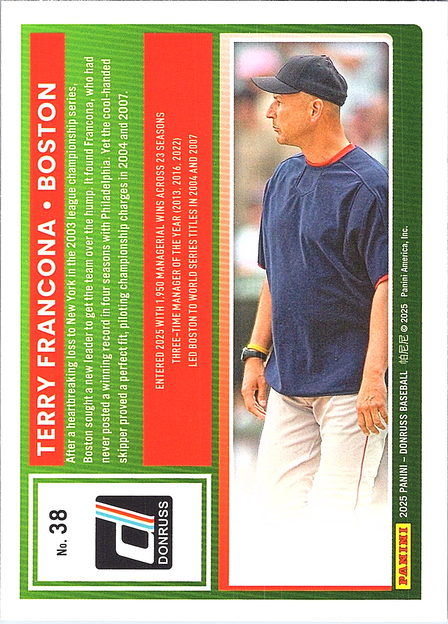 2025 Donruss Terry Francona #38 Yellow Flood Boston Red Sox Near Mint or Better