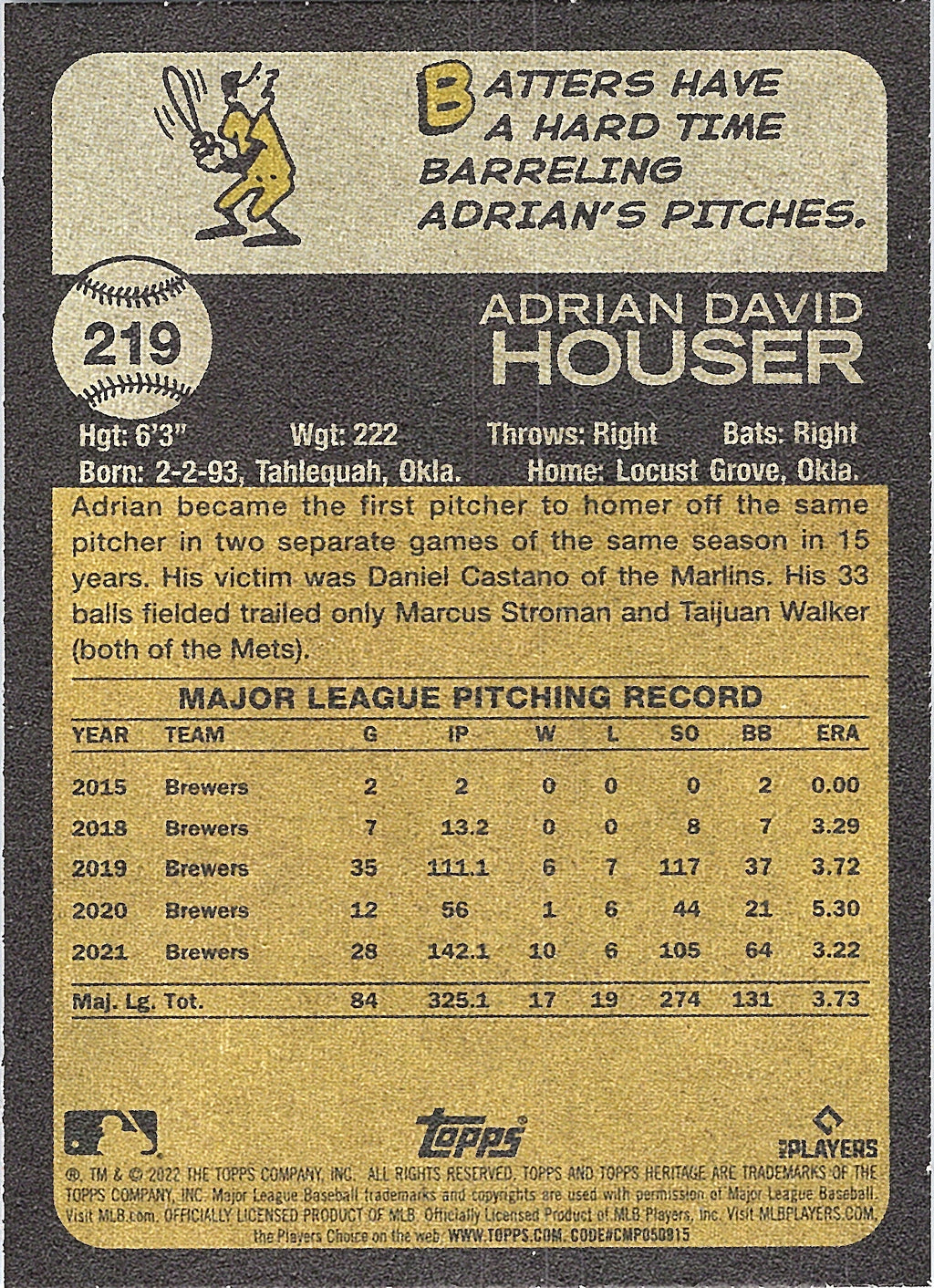 2022 Topps Heritage Adrian Houser #219 Milwaukee Brewers Near Mint or Better