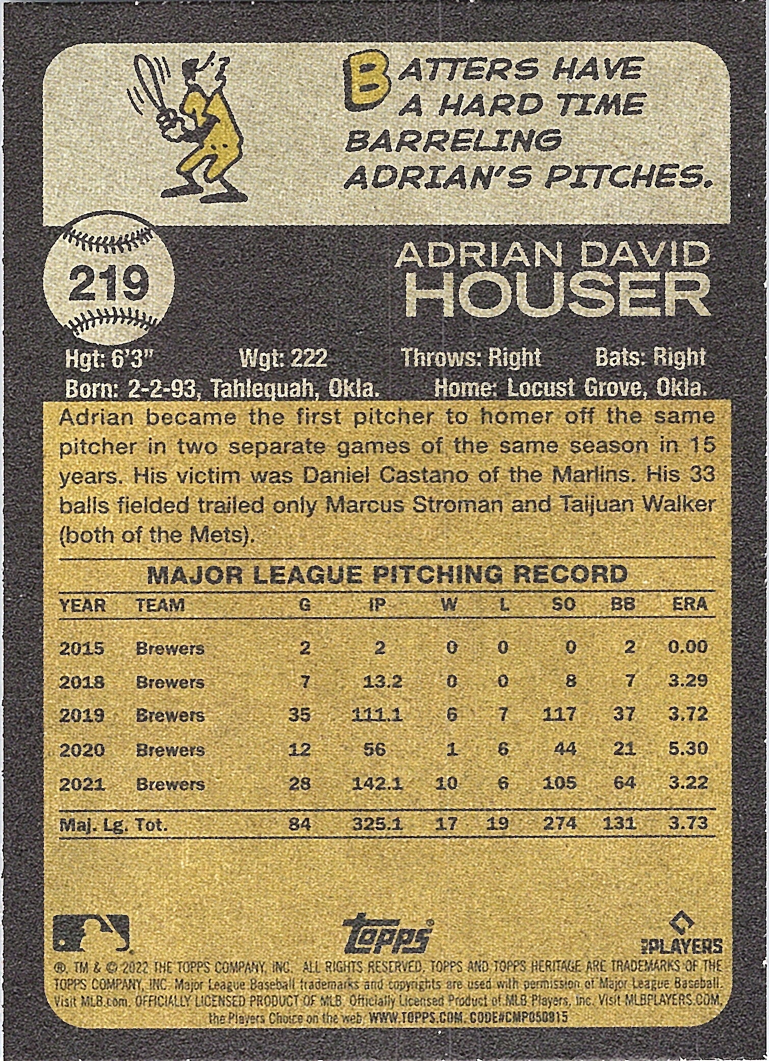 2022 Topps Heritage Adrian Houser #219 Milwaukee Brewers Near Mint or Better
