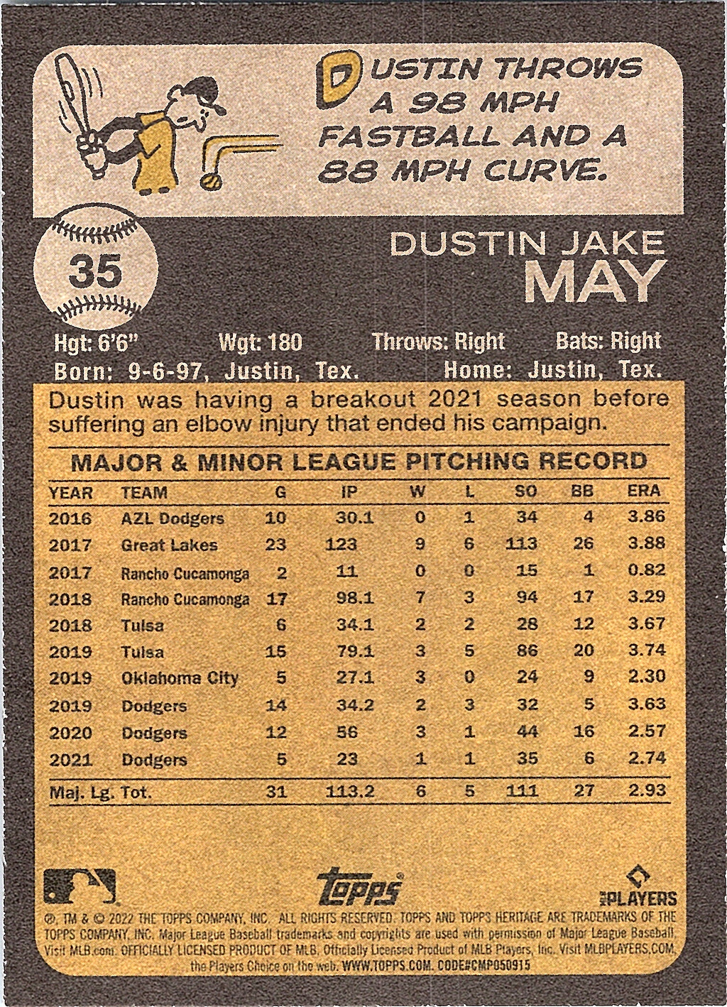 2022 Topps Heritage Dustin May #35 Los Angeles Dodgers Near Mint or Better