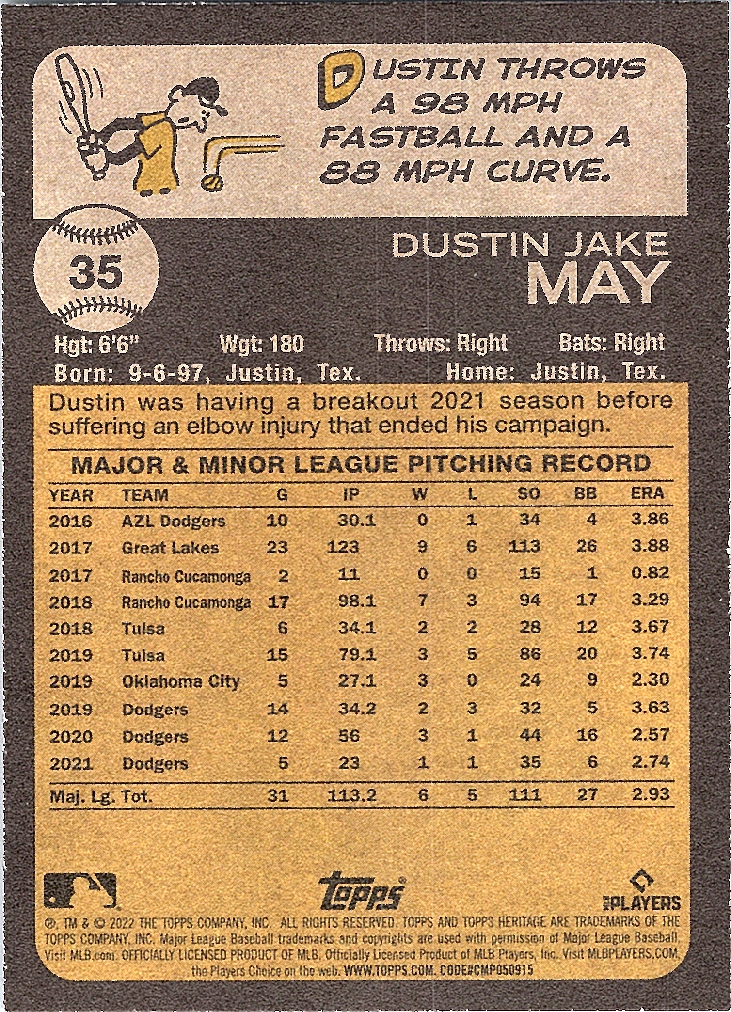 2022 Topps Heritage Dustin May #35 Los Angeles Dodgers Near Mint or Better