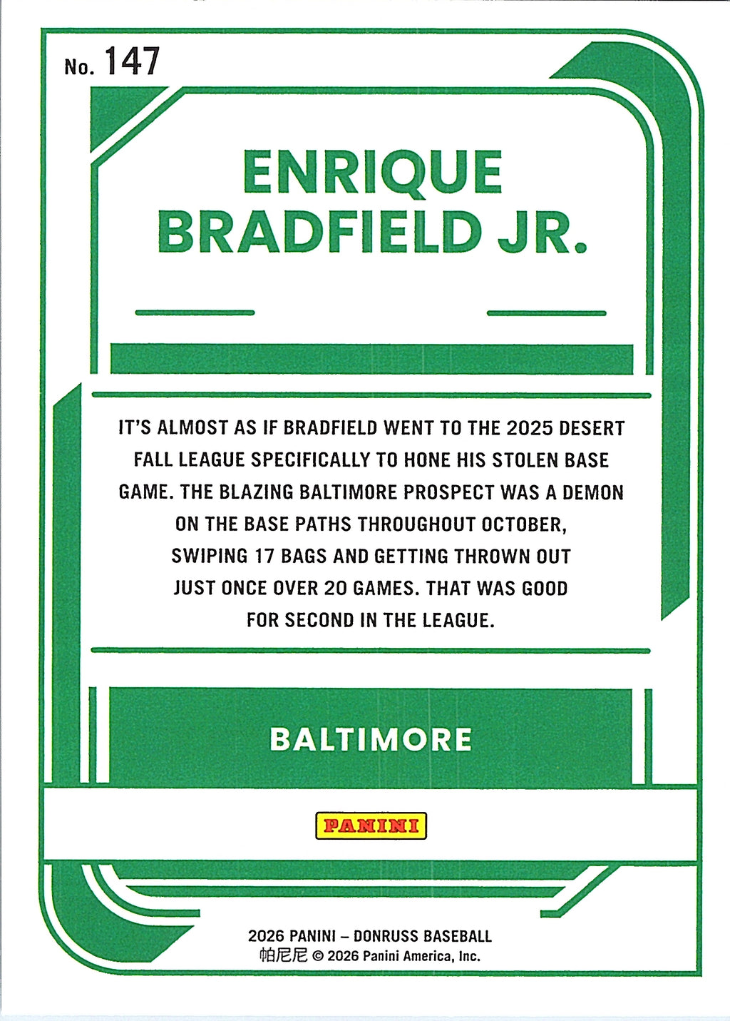 2026 Donruss Enrique Bradfield Jr. #147 Baltimore Orioles Near Mint or Better