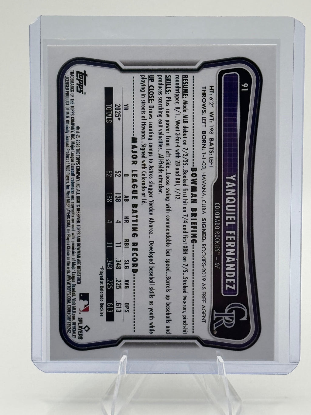 2026 Bowman Yanquiel Fernández #91 Colorado Rockies Near Mint or Better