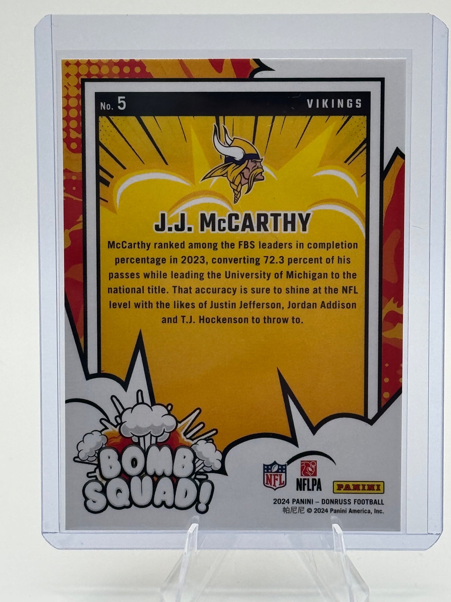2024 Donruss J.J. McCarthy #5 Bomb Squad Minnesota Vikings Near Mint or Better