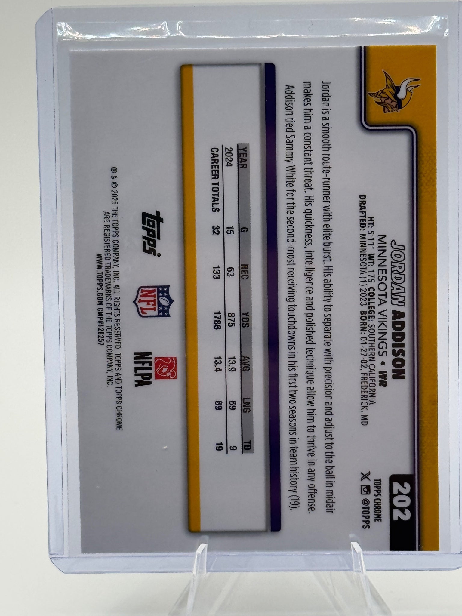 2025 Topps Chrome Jordan Addison #202 Minnesota Vikings Near Mint or Better