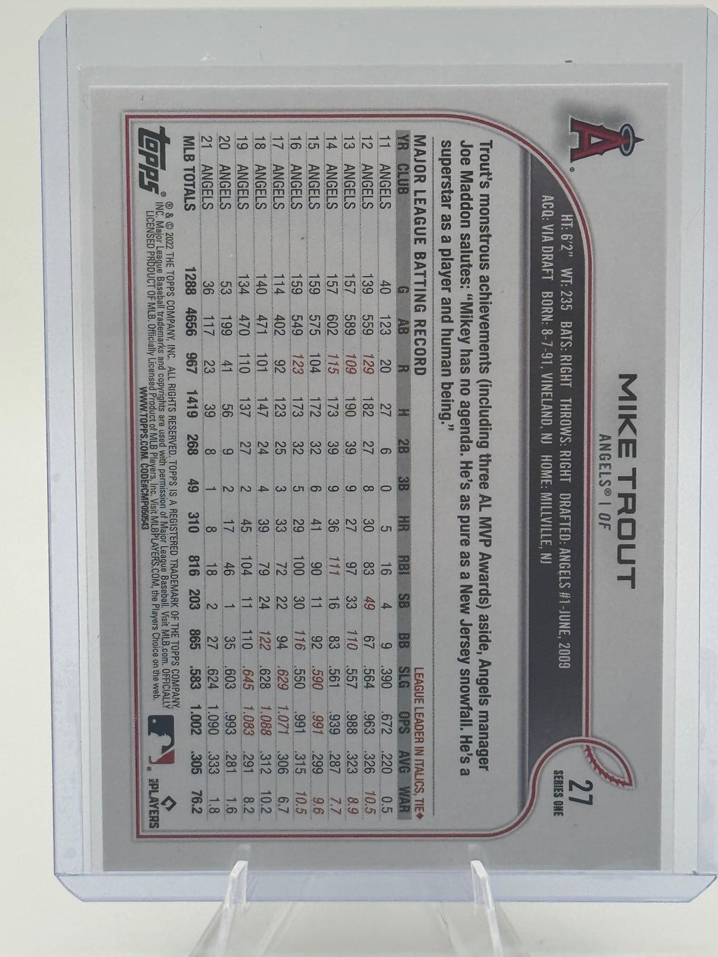 2022 Topps Mike Trout #27 Los Angeles Angels Near Mint or Better