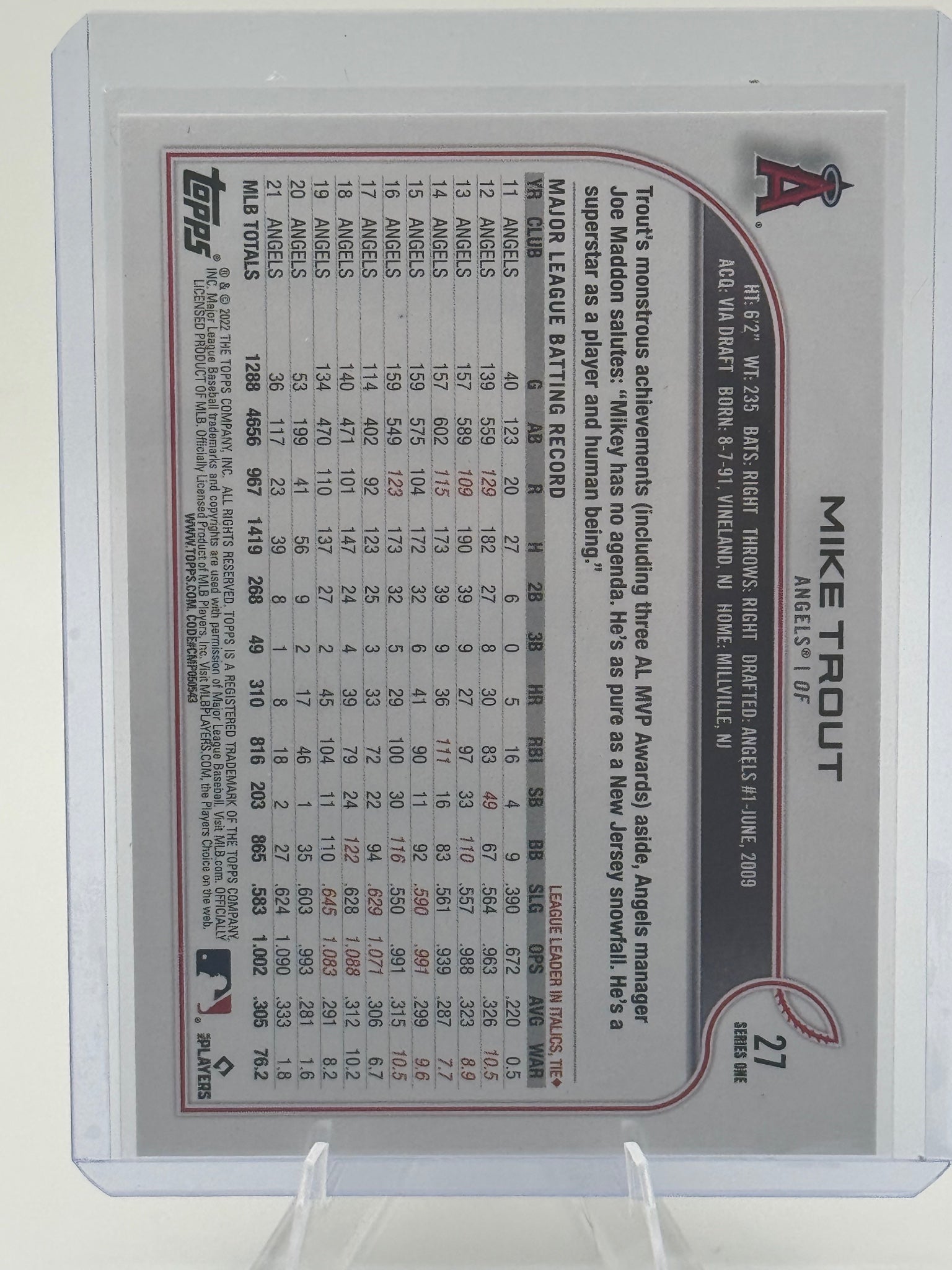 2022 Topps Mike Trout #27 Los Angeles Angels Near Mint or Better